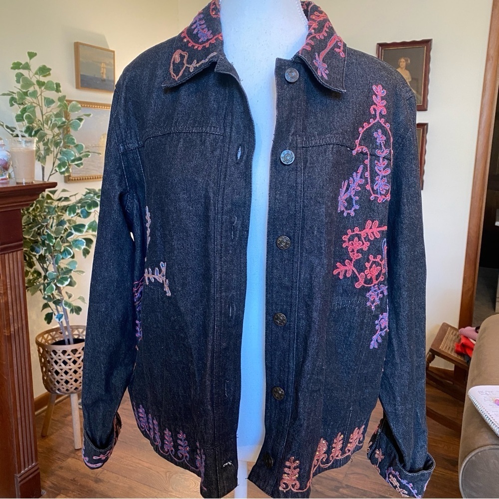 Coldwater Creek • Embroidered Denim Jacket • Boho Western Prairie Style • Sz L